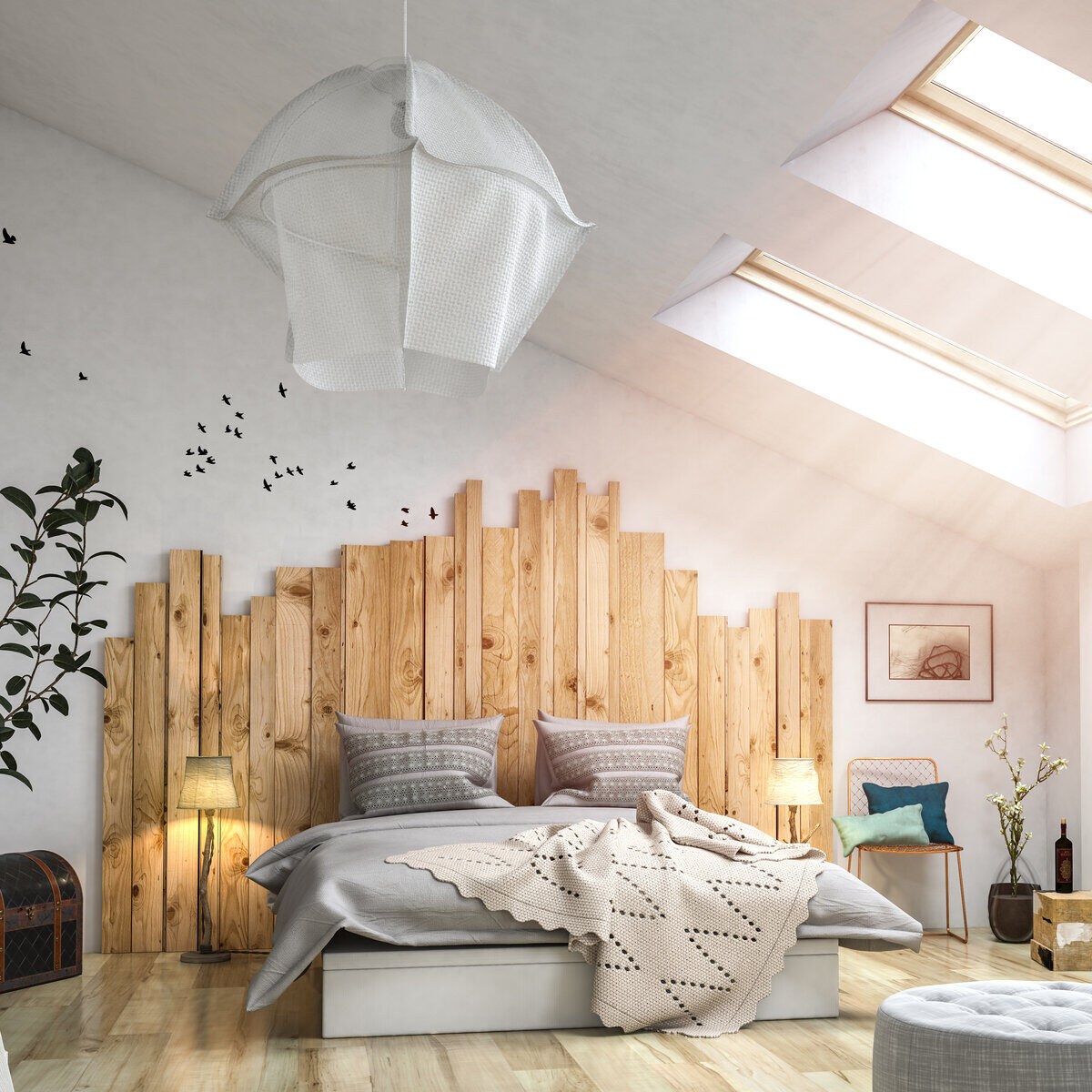 Gemütliches Schlafzimmer mit viel Holz im Dachgeschoss