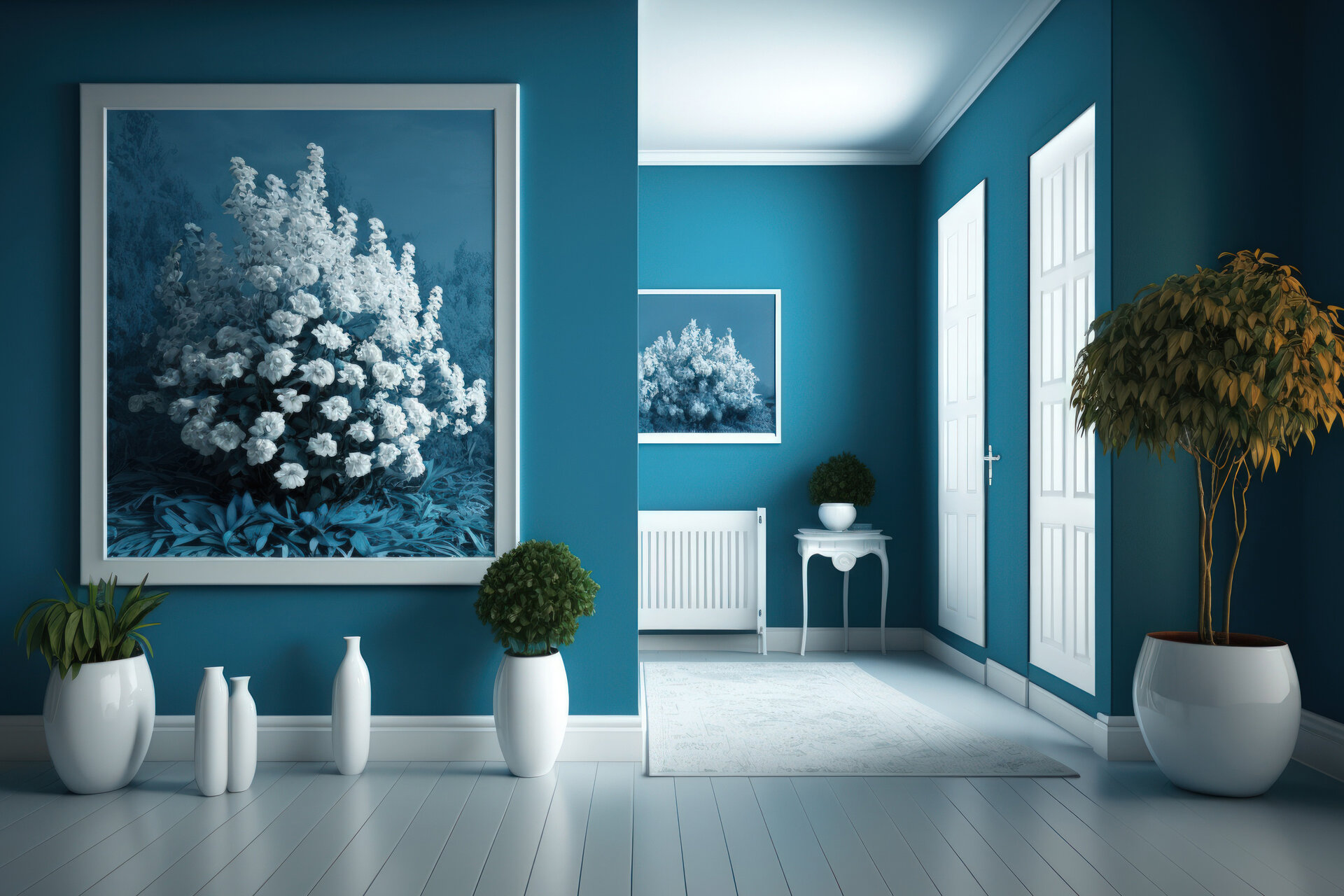 Innenraum mit blauen Wänden und weißen Blumen