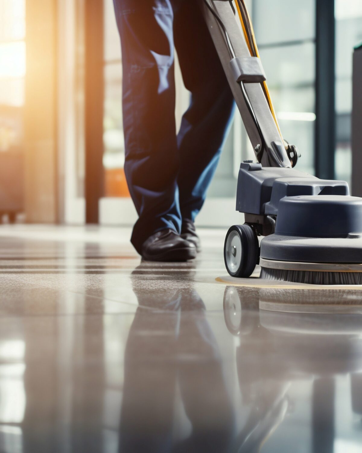 Hausmeister reinigt Boden mit Poliermaschine im Innenbereich. Generative KI