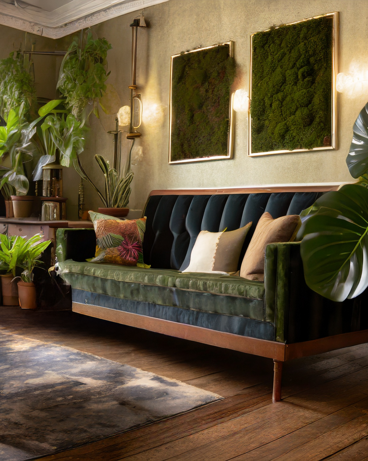 Stilvolles Wohnzimmer mit dunkelgrünem Samtsofa, eleganten Wandn Bilder aus Moos, vielfältigen Zimmerpflanzen und einem großen Fenster, das natürliches Licht hereinlässt und den Raum mit einer warmen Atmosphäre erfüllt