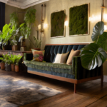 Stilvolles Wohnzimmer mit dunkelgrünem Samtsofa, eleganten Wandn Bilder aus Moos, vielfältigen Zimmerpflanzen und einem großen Fenster, das natürliches Licht hereinlässt und den Raum mit einer warmen Atmosphäre erfüllt