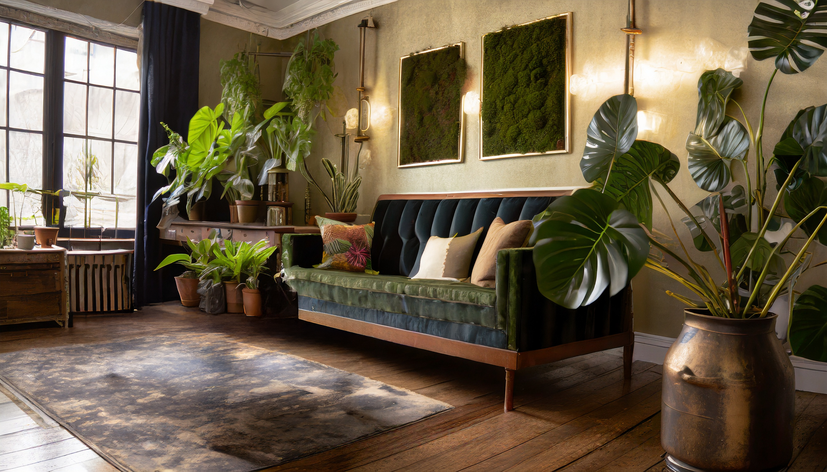 Stilvolles Wohnzimmer mit dunkelgrünem Samtsofa, eleganten Wandn Bilder aus Moos, vielfältigen Zimmerpflanzen und einem großen Fenster, das natürliches Licht hereinlässt und den Raum mit einer warmen Atmosphäre erfüllt
