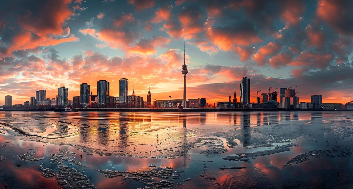 Panorama von Düsseldorf bei einem Sonnenuntergang