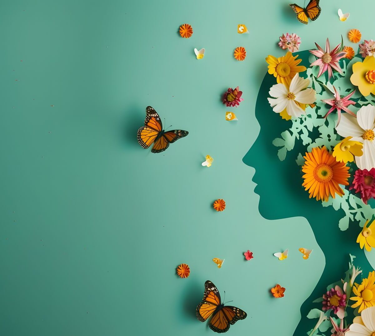 Ein kreatives Bild mit einem menschlichen Profil, das mit Blumen und Schmetterlingen verziert ist, symbolisiert emotionale Balance und wird durch SAM-e unterstützt.
