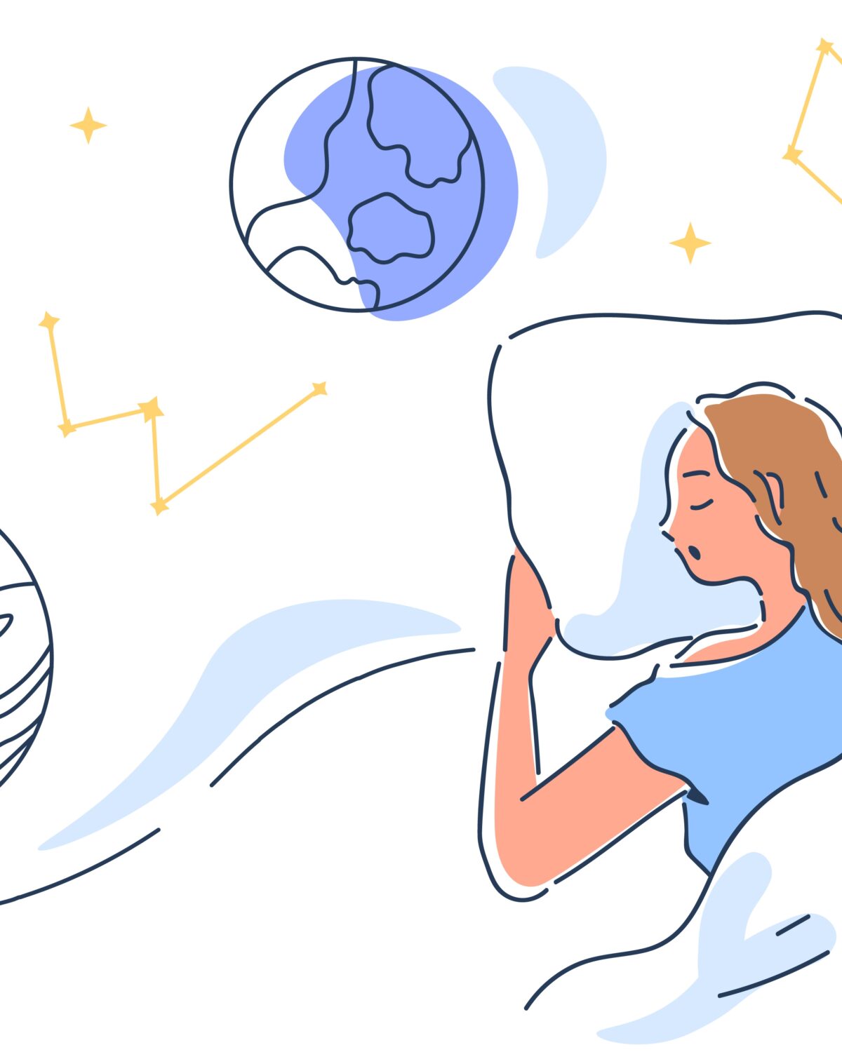 Illustration einer Frau, die in einem Bett schläft, umgeben von Sternen und Planeten, die gesunden Schlaf symbolisieren