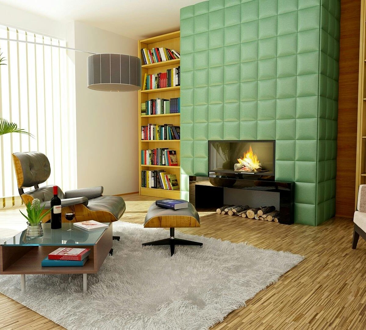 Ein modern eingerichtetes Wohnzimmer mit einem gemütlichen Kamin, dessen saubere Glasscheibe einen klaren Blick auf das Feuer bietet. Umgeben von Bücherregalen und stilvollen Möbeln schafft der Kamin eine einladende Atmosphäre.