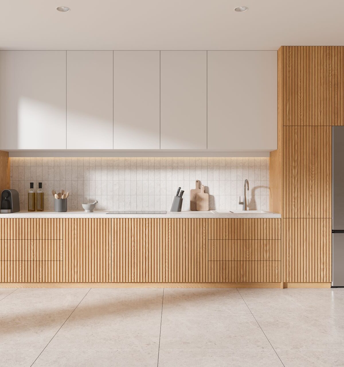 Minimalistische Küche mit eleganter Holzverkleidung und hellen, fugenlosen Fliesen, die für ein nahtloses, stilvolles Erscheinungsbild sorgen. Die Kombination aus Holz und glatten Oberflächen verleiht der Küche eine warme und gleichzeitig moderne Atmosphäre.