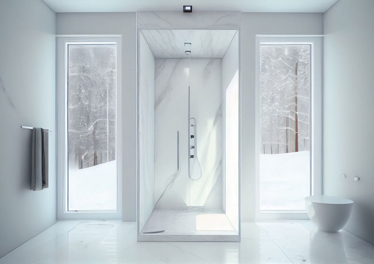 Minimalistisches Badezimmer mit edler Duschrückwand in Marmoroptik, großen Panoramafenstern und Blick auf eine schneebedeckte Winterlandschaft