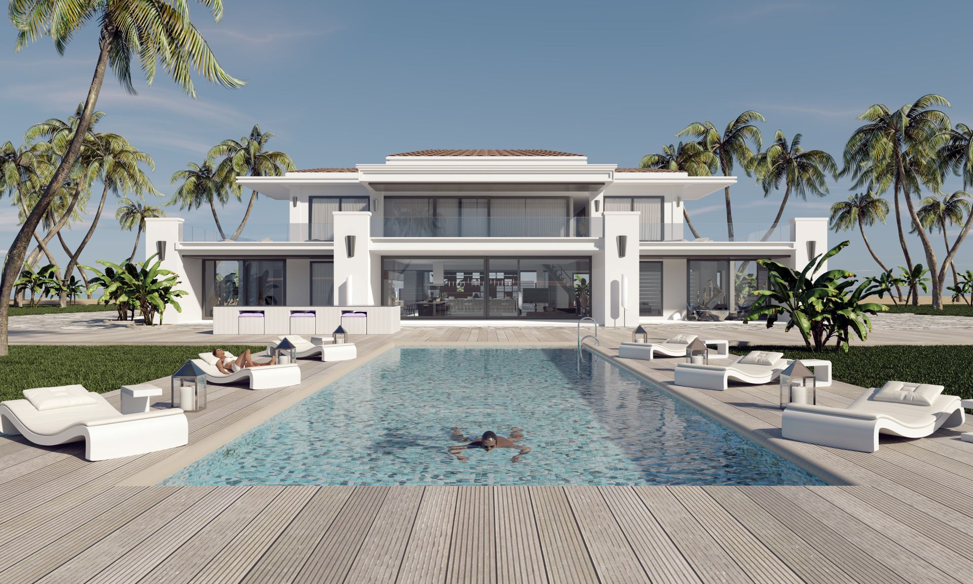 Moderne Luxusvilla in Dubai mit Pool und Palmen.