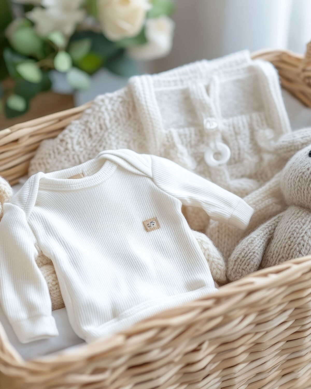 Nachhaltiger Präsentkorb mit handgemachten Babygeschenken aus Naturmaterialien