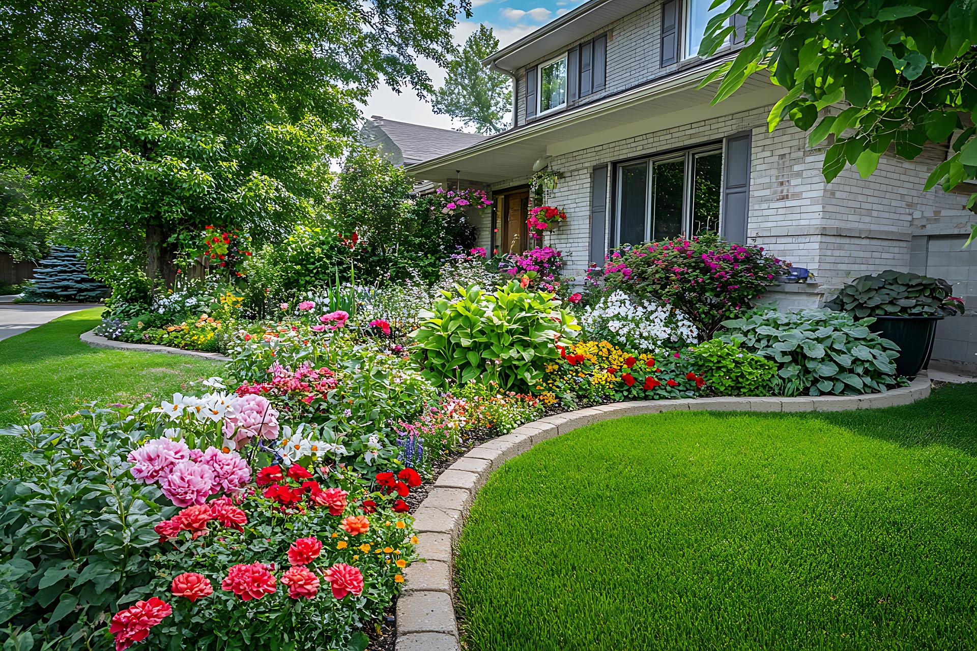 Polycarbonatplatten am geschuetzten Hauseingang mit Blumenbeet