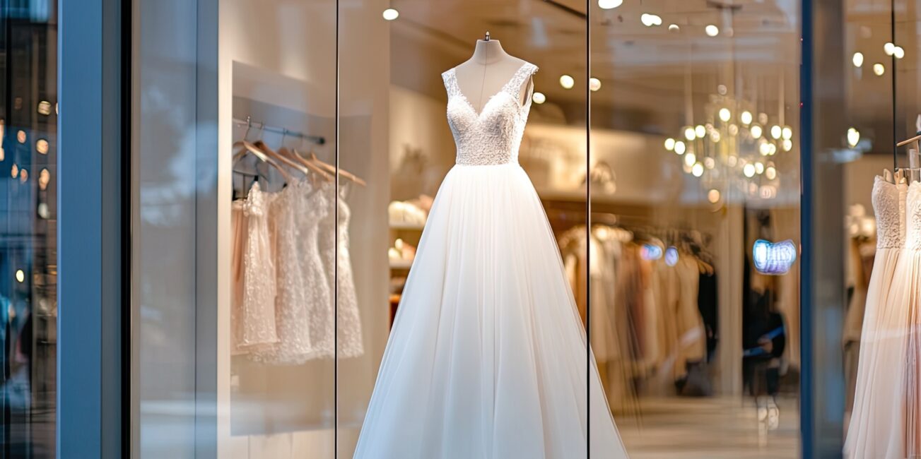 Brautkleid im eleganten Schaufenster | Brautmode Hamburg