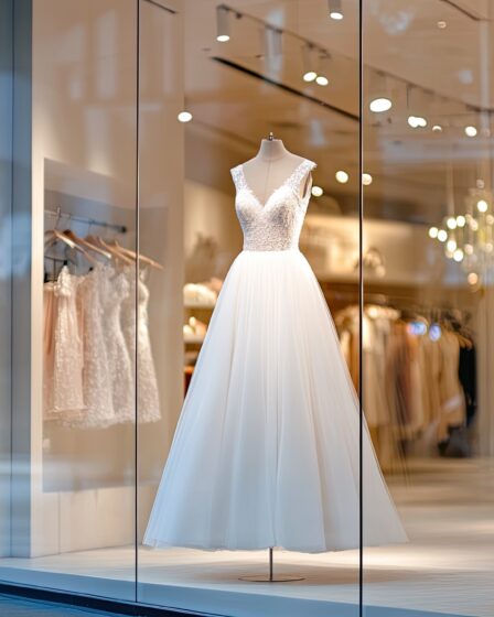 Brautkleid im eleganten Schaufenster | Brautmode Hamburg
