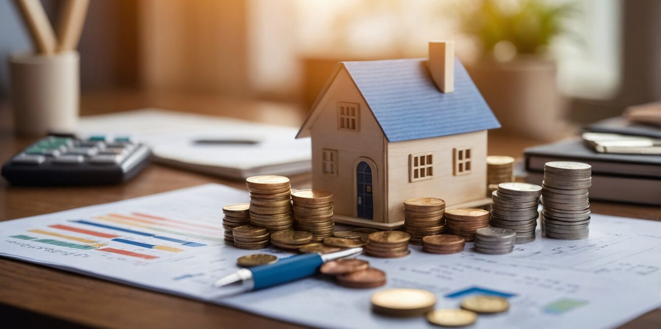 Hausmodell mit Münzstapeln auf Finanzunterlagen | Immobilienfinanzierung Düren