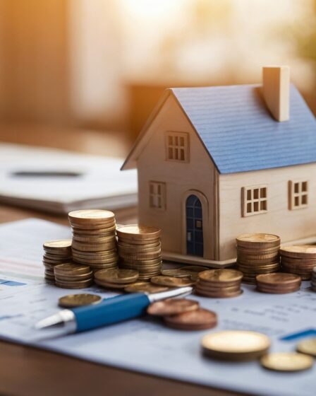 Hausmodell mit Münzstapeln auf Finanzunterlagen | Immobilienfinanzierung Düren
