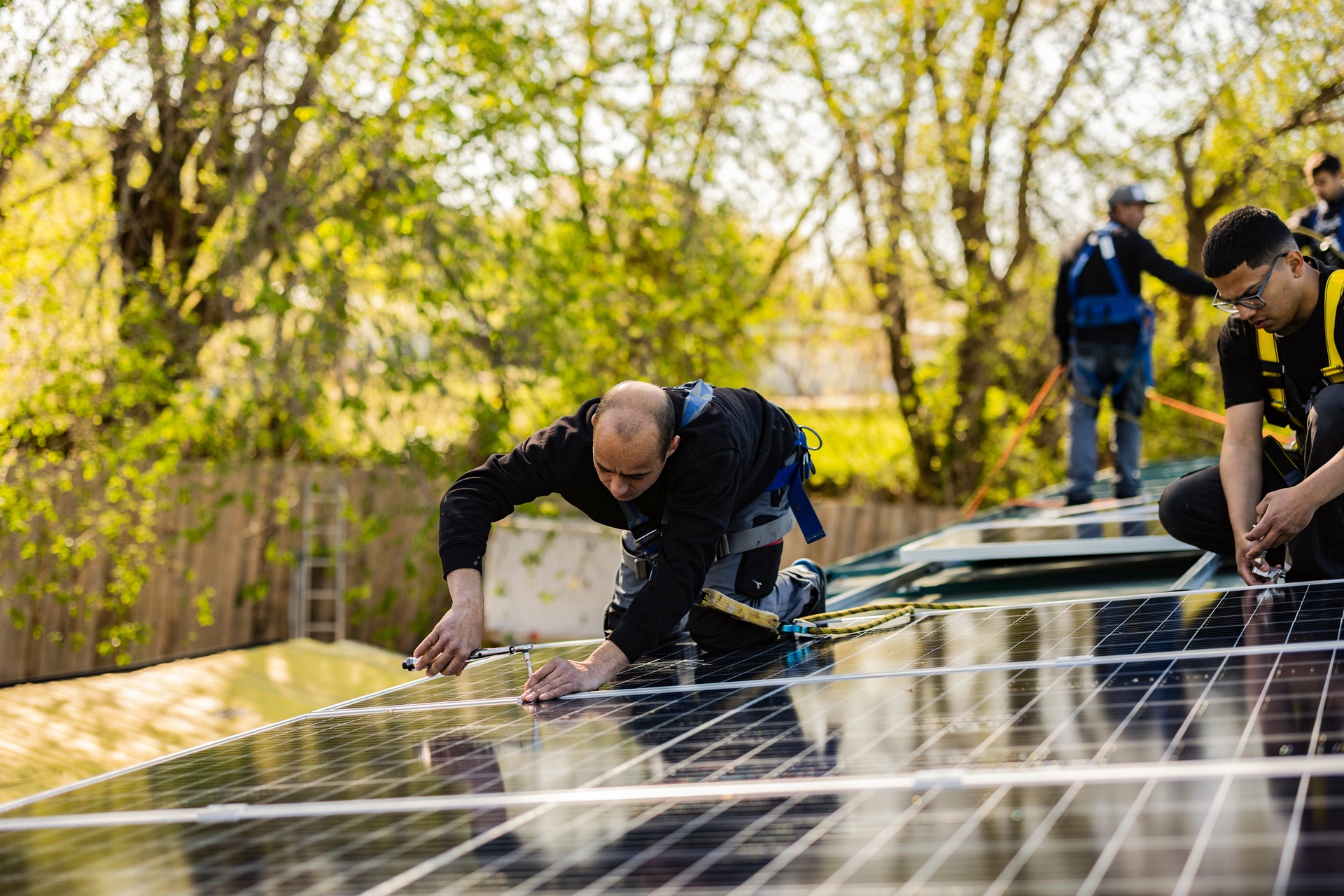 Montage von Solarpanels auf Dach | Gründach  