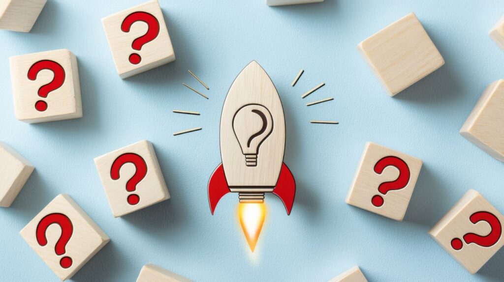 Symbolbild mit Rakete und Gluehbirne umgeben von Fragezeichen – steht fuer einfache Bedienung moderner Geraete wie der Elfbar Elfa
