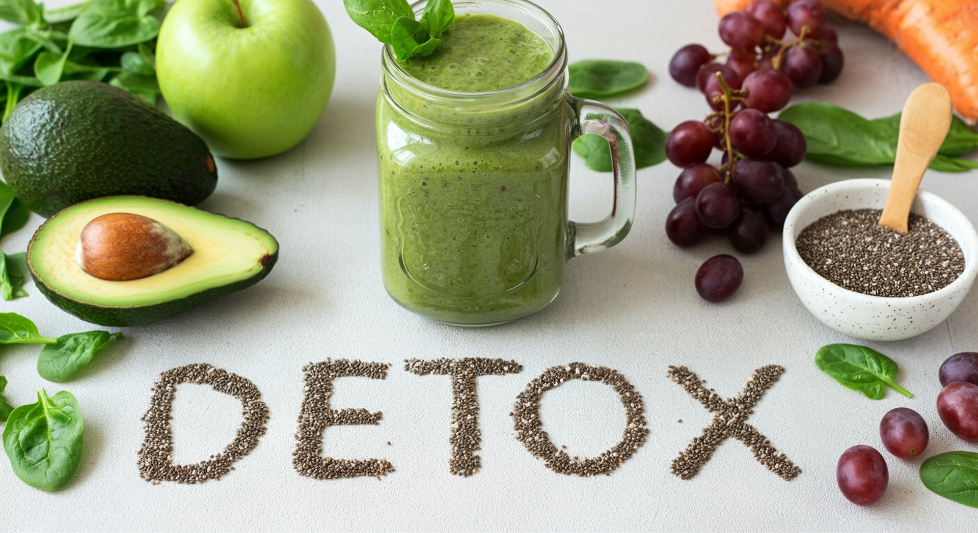 Detox Schrift mit Smoothie und Obst | Heilerde