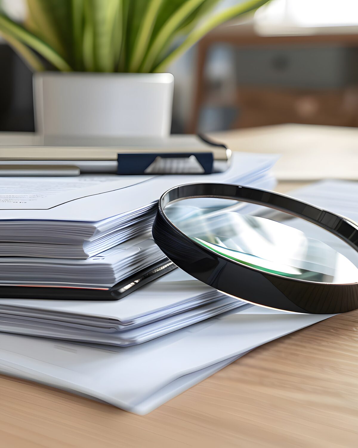 Lupe liegt auf Dokumenten und symbolisiert sorgfältige Textprüfung im Lektorat