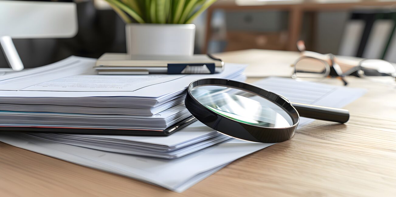 Lupe liegt auf Dokumenten und symbolisiert sorgfältige Textprüfung im Lektorat