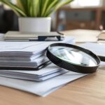 Lupe liegt auf Dokumenten und symbolisiert sorgfältige Textprüfung im Lektorat
