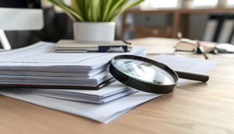 Lupe liegt auf Dokumenten und symbolisiert sorgfältige Textprüfung im Lektorat