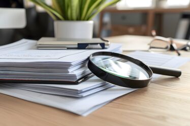 Lupe liegt auf Dokumenten und symbolisiert sorgfältige Textprüfung im Lektorat