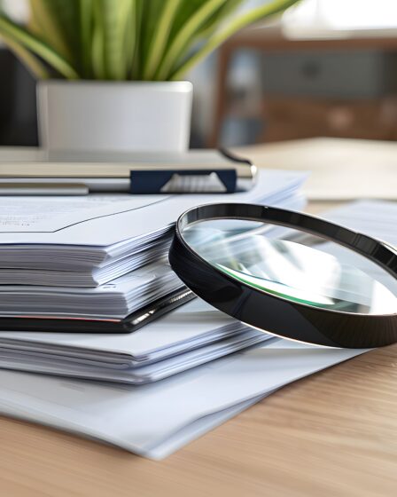 Lupe liegt auf Dokumenten und symbolisiert sorgfältige Textprüfung im Lektorat